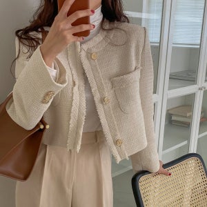 캐주얼 클래식 노카라 금장버튼 크롭 트위드 자켓 하객룩 출근룩