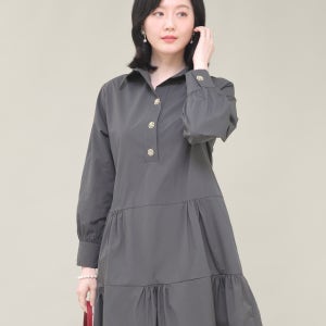 엄마옷 셔츠 카라 메탈 버튼 캉캉 봄 가을 긴팔 롱 허리끈 주머니 원피스 K04438