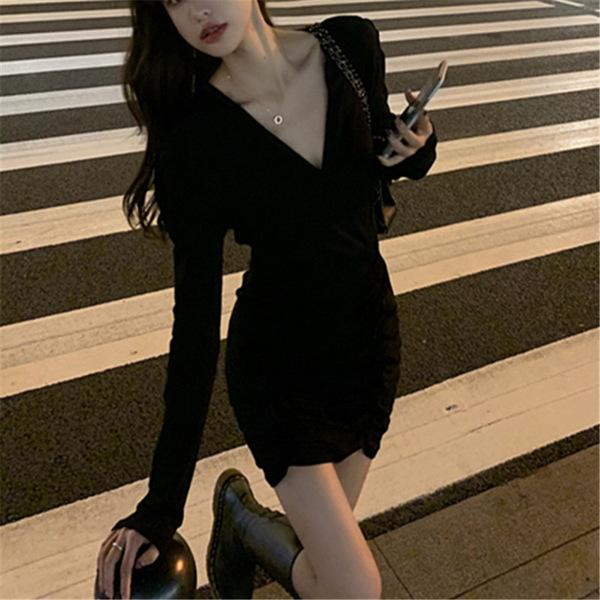 브이넥 허리 조임 고급 쁘띠 블랙 스커트 레깅스 <b>나이트</b>클럽 타이트 랩 섹시 원피스 빅사이즈