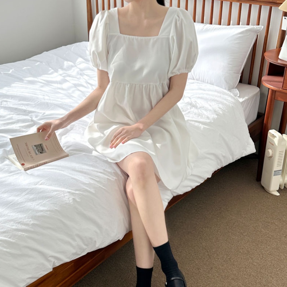 여자 스퀘어넥 퍼프 소매 원피스 벌룬원피스 여름 블랙 화이트 브라운 스커트 숄더 무지