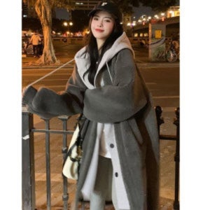 여성 후드 모직 페이크 레이어링 캐시미어 후드 코트 여성트렌치코트 m