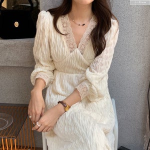 리버 주름 여신 레이스 브이넥 롱원피스 2color 봄 가을 자수 하객 벌룬 제이플로우