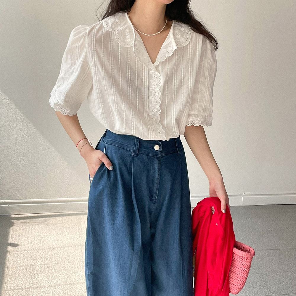 카라 펀칭 블라우스 프릴 레이스 여름 블라우스 반팔 크롭 셔츠 화이트