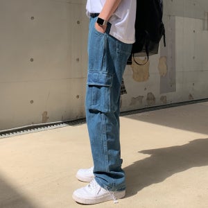 세미와이드 카고 밑단 스트링 뒷밴딩 데님 청바지 (2color)