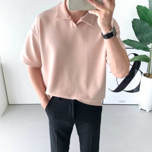 남자 반팔 오버핏 오픈 카라 링클프리 스판 여름티셔츠