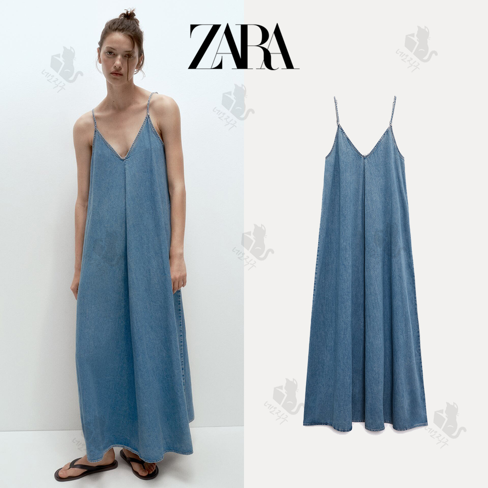 ZARA 자라 여성 끈나시 브이넥 데님 미디 롱 원피스