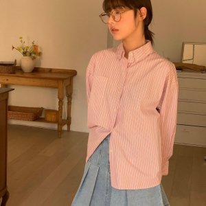 여성용 스트라이프 코튼 셔츠 루즈핏 핑크 소라 프리사이즈