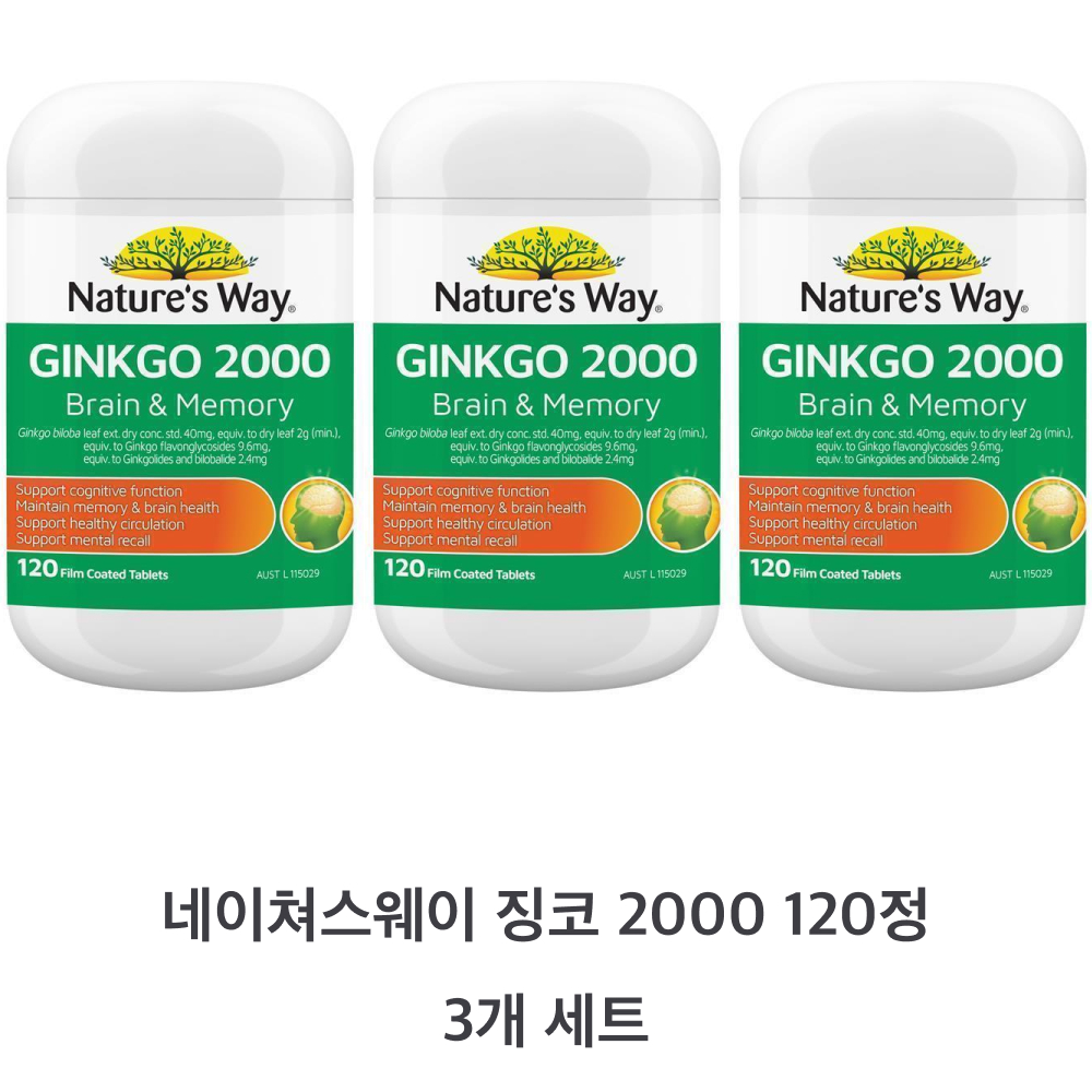 <b>네이쳐스웨이</b> 징코 2000 120정 <b>Natures Way</b> Ginkgo 2000 Brain &amp; Memory 120 - 3개세트
