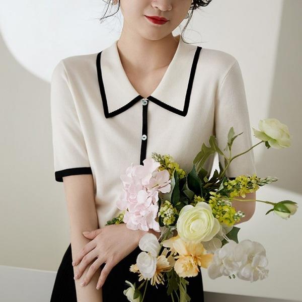 작은 향기 여성복 여름 블랙 앤 화이트 컬러 배색 칼라 반팔 니트 상의