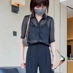 PXLKXFS020 여름 빅 사이즈 반팔 약간 시스루 셔츠 섹시 펀칭 블라우스