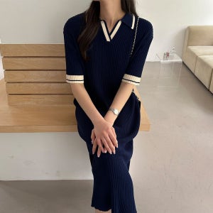 여름 원피스 하객룩 카라 배색 고슬고슬 골지 니트 롱 원피스 빅사이즈