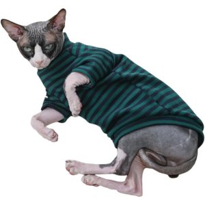 빈티지 뮬란 코튼 스핑크스 털 없는 고양이 셔츠 목폴라 애완동물 옷 티셔츠 코니쉬 렉스 데본 피터발드 (XLarge Stripe)