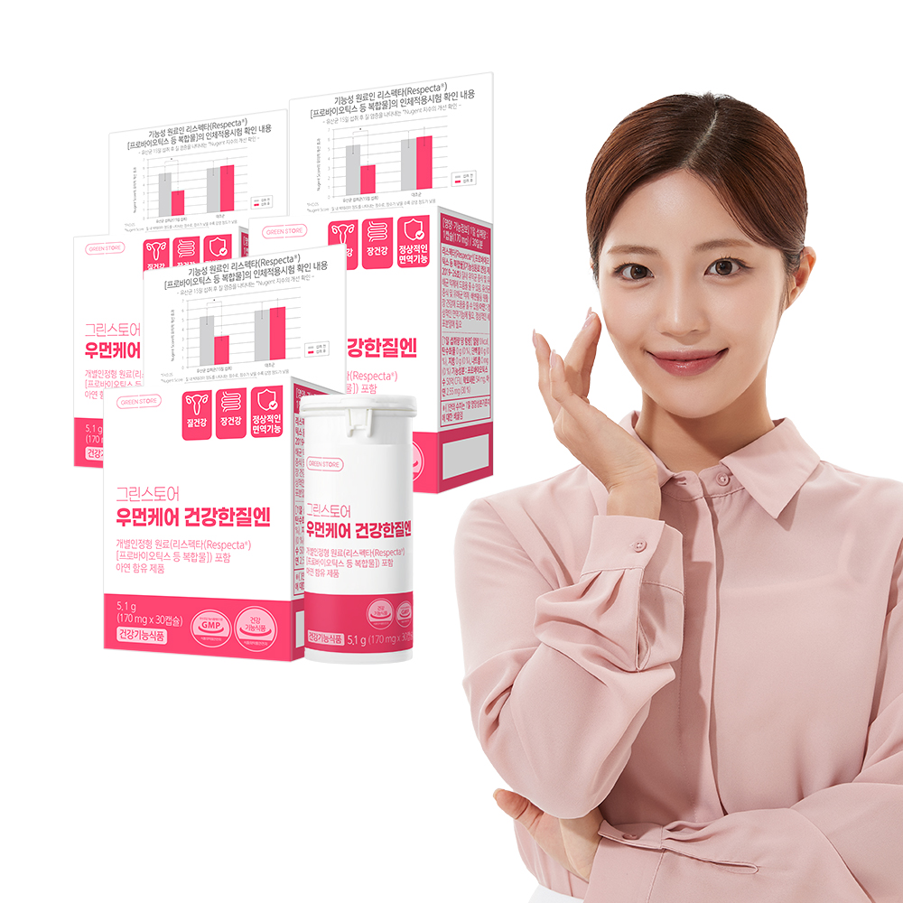 [3개월] <b>그린스토어</b> 질 건강 유산균 우먼케어 건강한질엔 리스펙타 아연 영양제 30캡슐, 3개