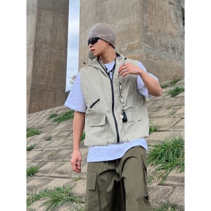 남자 오버핏 후드 조끼집업 베스트 나일론 바스락 경량 여름베스트 고프코어 아메카지