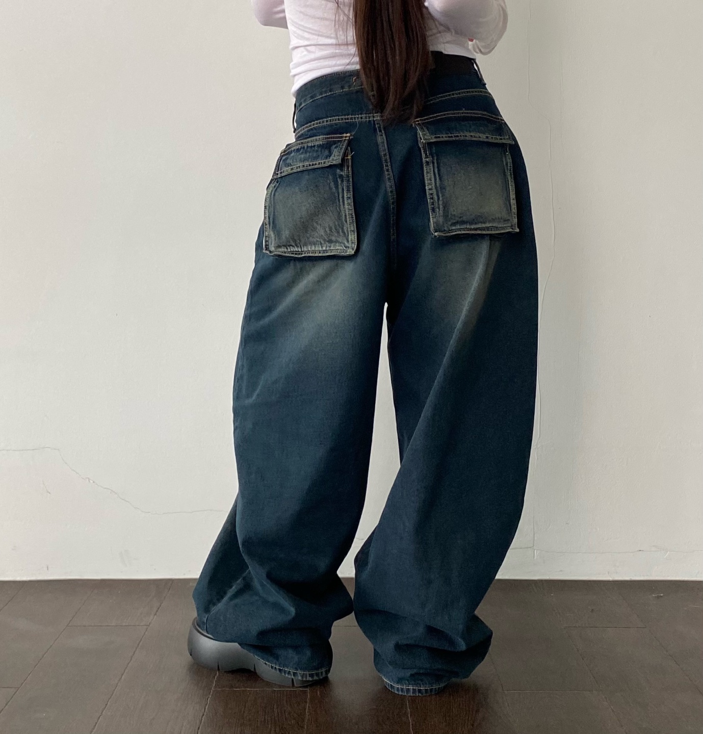 빅사이즈 여성 진청 루즈핏 고리 데님 포켓 통 주름 하비 롱 와이드핏 벌룬 청 바지 팬츠