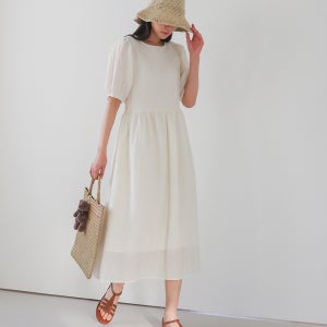 휴양지 오버핏 퍼프 소매 롱 원피스 링클 여름 셔링 바캉스 룩 동남아 휴가 하객 결혼식