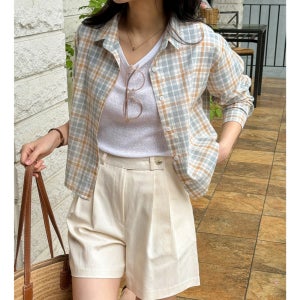 봄 여름 데일리룩 체크 배색 긴팔 언발 난방 셔츠
