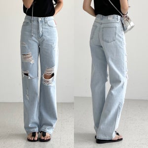 찢청 찢어진 청바지 디스트로이드진 여름 연청바지 여성 하이웨스트 여자 일자 청바지