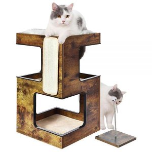 Petfamily 목재 고양이 콘도, 대형 실내 고양이를 위한 캣트리 하우스 모던 캣타워 침대 가구, 쿠션 및 스크래처 패드 포함, 브라운