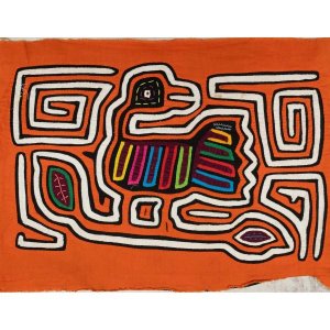 Orange And White Swan Lake Bird Mola, Wall Décor, Latin America Textile Art, Geometric Tapestry