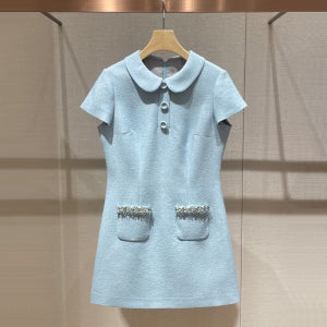 고급 홍콩수입보세의류 하늘색 스카이블루 반팔 라운드카라 귀여운 원피스 오피스룩 제니스타일