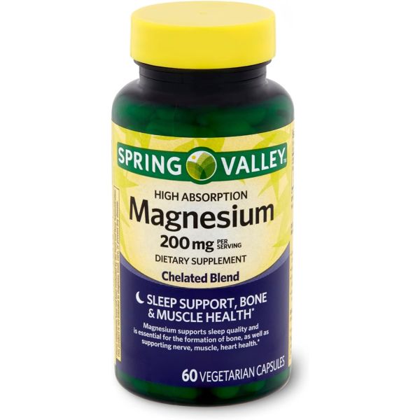 Spring Valley 봄 건강 계곡 고흡수 마그네슘 200mg <b>수면</b> 지원 60캡슐 + 당신의 비타민 가이드
