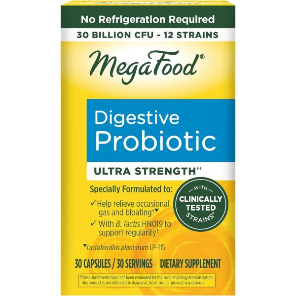 MegaFood <b>메가푸드</b> 소화기 프로바이오틱스 - 여성과 남성을 위한 12가지 균주 채식 프로바이오틱스, 300억 CFU, 장 건강 지원, 프로바이오틱스는 가끔 <b>가스</b>와 팽창을 완화