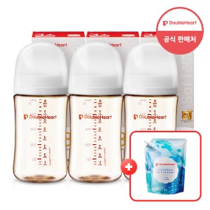 더블하트 제뉴인화이트 싱글젖병 240mlx3개 (M젖꼭지포함)(+유아세제 1L)