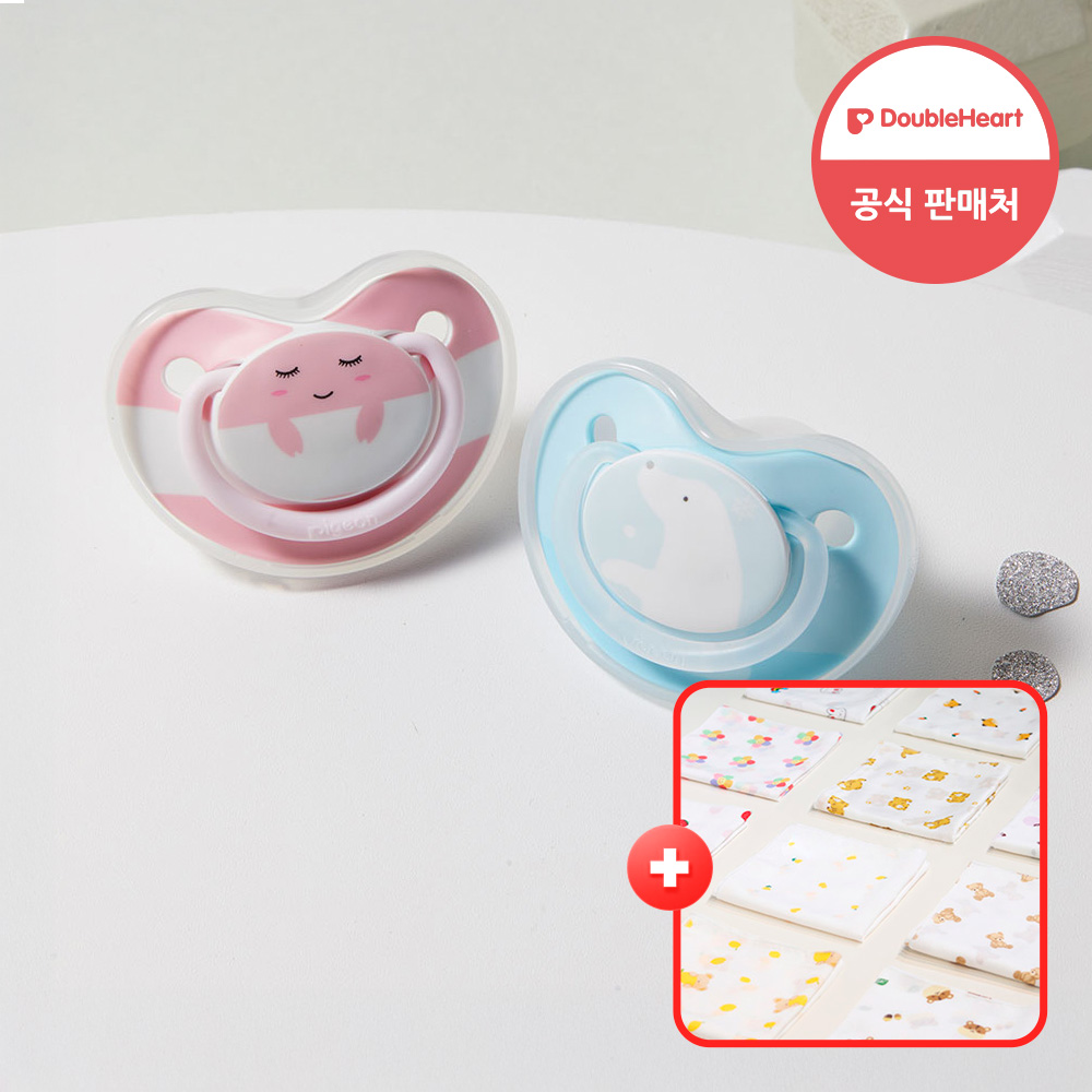 1+1 더블하트 통잠쪽쪽이 펀프렌즈 노리개젖꼭지 화이트베어S+가제손수건