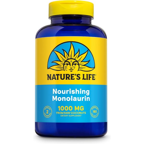 Nature’s Life 자연의 생명 모노라우린 캡슐, 1000mg | 채식주의자 건강한 면역 기능 및 <b>소화</b> 지원 생 코코넛 유래 최적의 웰빙 이점 180ct