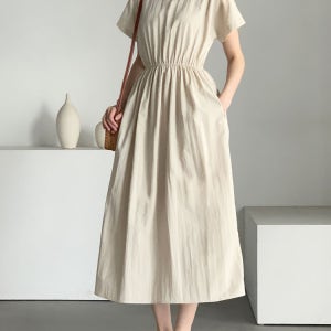 여름 원피스 심플한 여성 라운드넥 단추 반팔 원피스(3컬러)