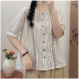 아사면 스트라이프 반팔 에스닉블라우스