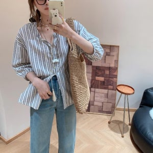 스트라이프 7부소매 에스닉블라우스