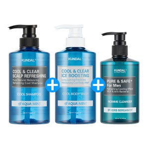 [쿨가이세트]쿤달 쿨 샴푸 500ml +쿨 바디워시 500ml 아쿠아민트+남성청결제 300ml 세트