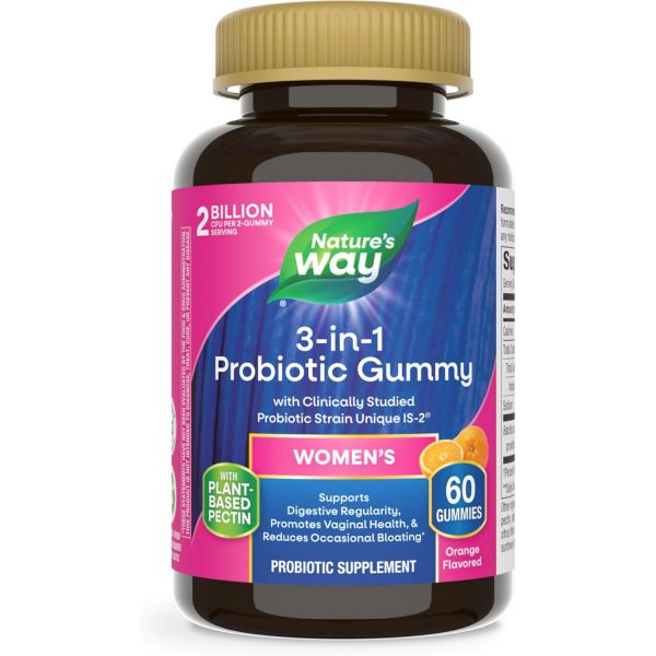 Nature’s Way 3-in-1 여성용 프로바이오틱 구미젤리, 가끔 <b>팽만감</b> 감소, 소화 및 질 건강 지원, 임상적으로 연구된 균주, 글루텐 프리, 오렌지 맛, 구미젤리 60개