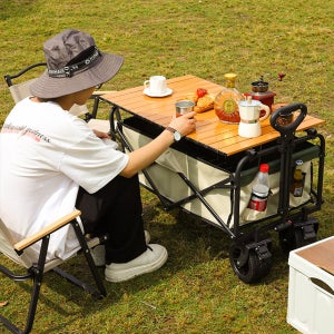 캠핑 폴딩 카트 접이식 웨건 다용도 아웃도어 80x48x67cm 5인치 바퀴 접이식 테이블 베이지 E123