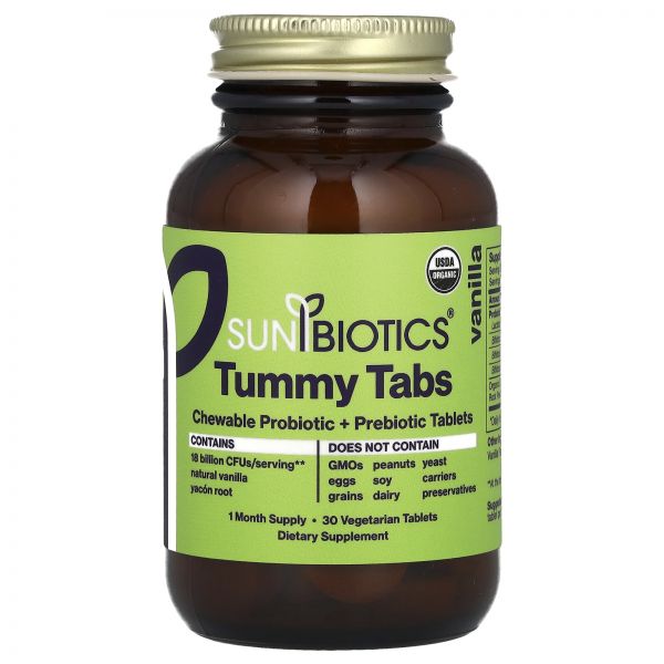 <b>Sunbiotics</b>, Tummy 정제, 츄어블 프로바이오틱 + 프리바이오틱, 바닐라, 베지 정제 30정