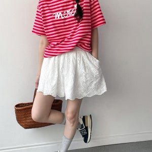 펀칭 레이스 반바지 밴딩 고무줄 숏팬츠 하이웨스트 반바지 3부 면 흰색