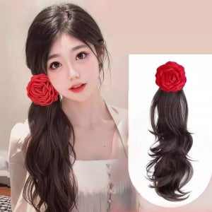 웨이브 포니테일 가발 집게 핀 스타일링 포니테일 가짜머리 그립 핑크 장미 꽃 모양 가발