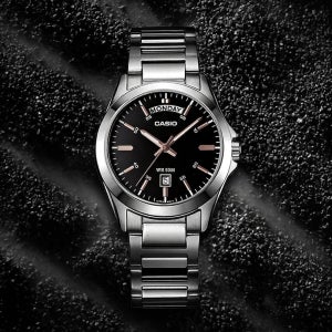 카시오 데이데이트 레트로 남자 시계 가죽 메탈 손목시계 MTP-1370D-블랙 골드 1A