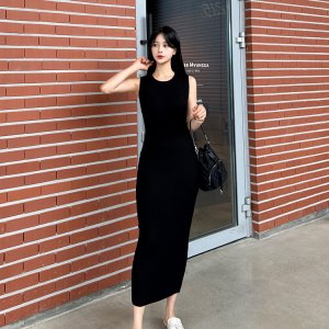 매건 골지 롱 원피스 3color 민소매 나시 라운드 슬림 타이트 핏 키큰여자 데이트룩