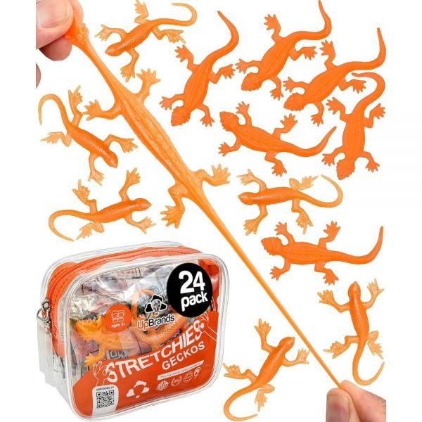 UpBrands 24팩 오렌지 슈퍼 스트레치 도마뱀 장난감 - 톡 쏘는 끈적한 손 파티 선물, 아동용 스퀴시 고무 도마뱀, 파충류 및 <b>뉴트</b> 장난감, <b>스트레스</b> 해소 축하 119775