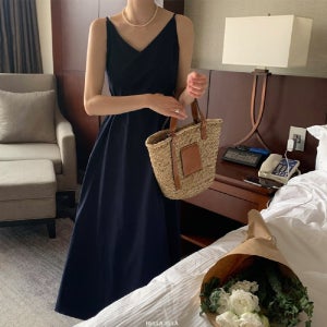 뷔스티에원피스 레이어드 민소매 나시 맥시 롱 네이비 원피스