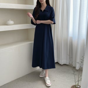 봄 여름 기본 베이직 심플룩 캐주얼 데일리 PK 카라넥 훌 A라인 면 반팔 롱 원피스