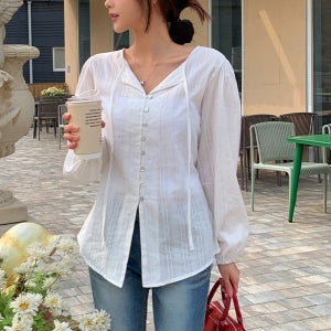 자체제작 타이 블라우스 여성 셔츠 스트랩 슬림핏 가을 긴팔 남방