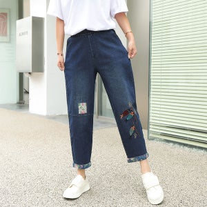 1+1 레트로 여자 청바지 자수 배기핏 쿨데님 팬츠