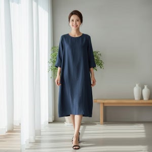 마리 뒷단추 칠부소매 인견 원피스 - 풍기인견 기본 박시 루즈핏 단색 (블루)