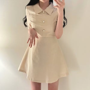 로제 카라넥 진주 하객룩 데이트룩 상견례 돌잔치 졸업식 반팔 미니 원피스