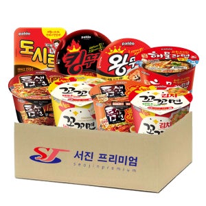 에스제이서진 컵라면 8종(김치꼬꼬면왕컵+꼬꼬면왕컵+매운김치컵+왕뚜껑+킹뚜껑+도시락+해물왕컵+고기짬뽕) 각2개씩 총16개