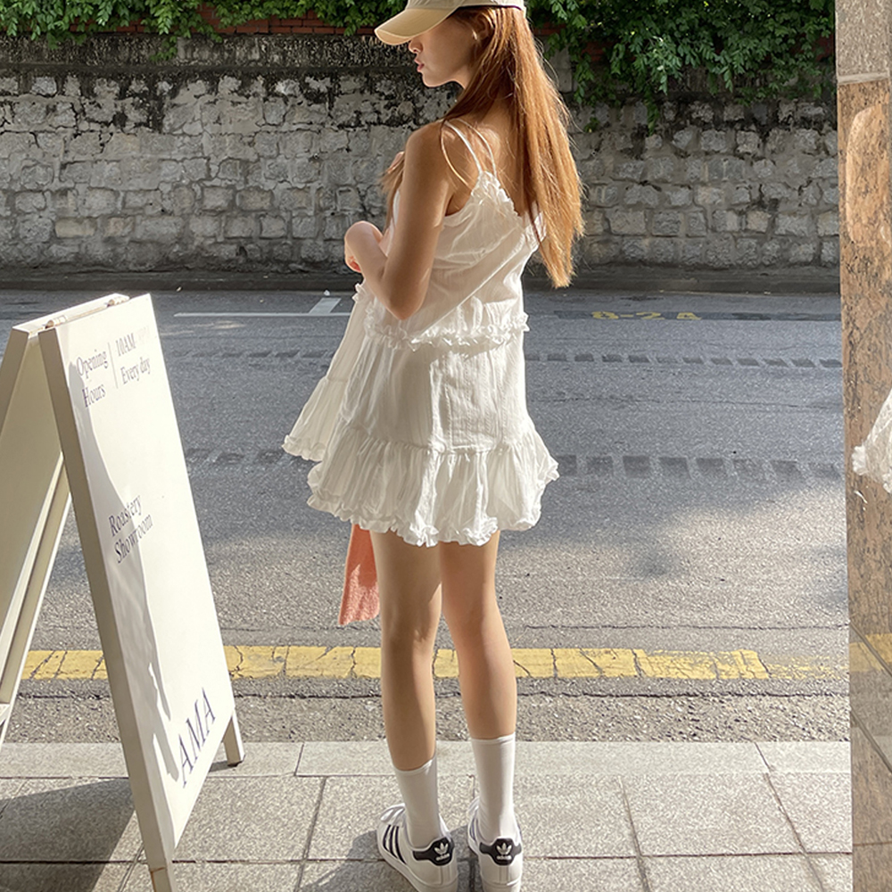 보헤미안 프릴 나시원피스 바캉스원피스 키작녀 화이트 끈 슬립 레이스 미니 여름 원피스